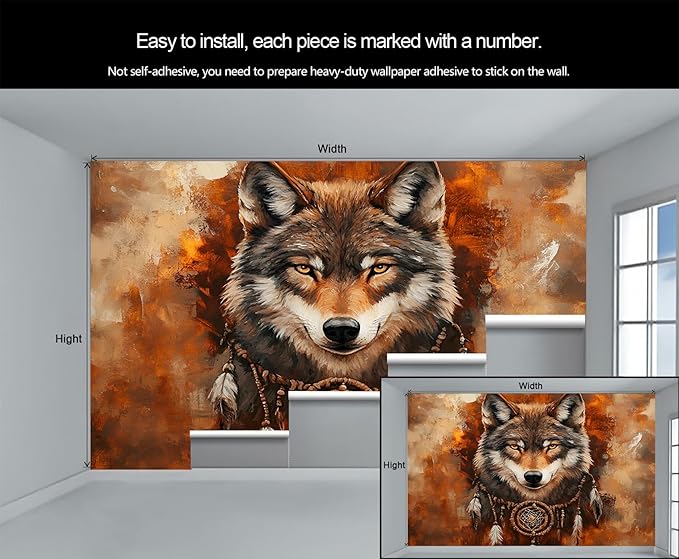 Wolf Dreamcatcher Wall Mural, Tribal Wolf 3D Wall Murals, Feathers Dreamcatcher Animal Totem Wallpaper Mural, for Living Room Bedroom Large Wallpaper Indoor Decor 197" W x124.8 H