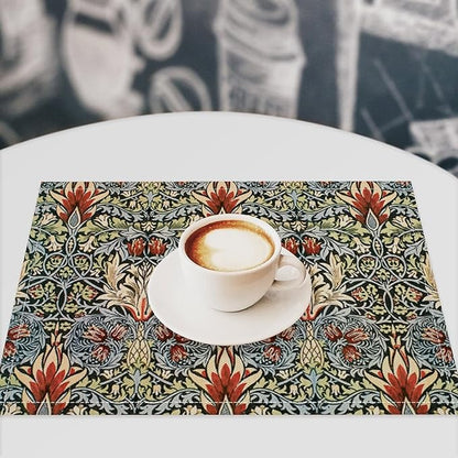 Vintage Flower Placemats Set of 4, William Morris Retro Boho Botanical Plant Place Mats, Heat Resistant Non Slip Cotton Linen Dining Table Mats for Home Kitchen Party 18x12 Inch