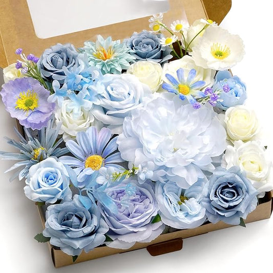 Artificial Flower Combination Box Set Artificial Flower Loose Leaves and Stems DIY Wedding Center Bouquet Bride Wedding Baby Shower(Fresh Light Blue)