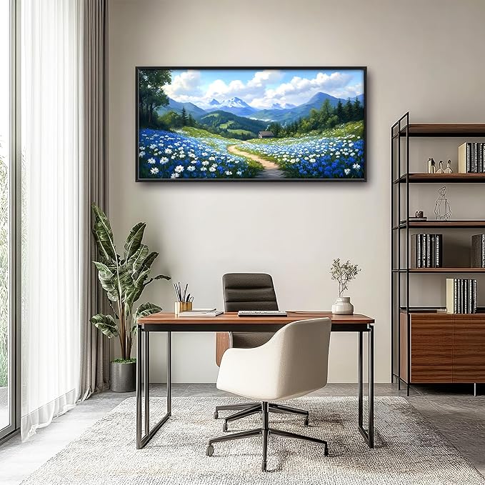 Mountain Large Wall Art Framed Wall Decor for Living Room Countryside Wildflowers Pictures Oversized Canvas Print Painting Modern Extra Large Framed Artwork for Bedroom Office 60"x30"