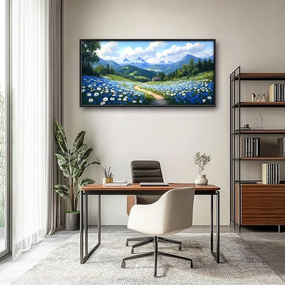 Mountain Large Wall Art Framed Wall Decor for Living Room Countryside Wildflowers Pictures Oversized Canvas Print Painting Modern Extra Large Framed Artwork for Bedroom Office 60"x30"