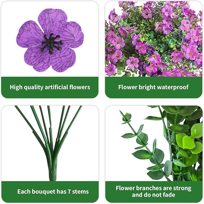 Artificial Flowers for Outdoor Indoor Garden Home Decoration, Faux Flower Daisy with Eucalyptus Leaves Fake Plants Greenery Boxwood Porch Patio, 12 Bundles
