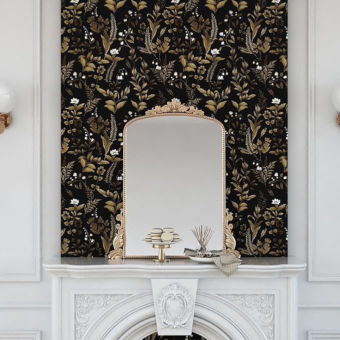 Extra Long Dark Floral Peel and Stick Wallpaper, Vintage Black Gold Leaf Wallpaper, Removable Contact Paper Self Adhesive for Bedroom Bathroom Cabinet Black Gold White 17.5In x 393In