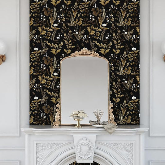 Extra Long Dark Floral Peel and Stick Wallpaper, Vintage Black Gold Leaf Wallpaper, Removable Contact Paper Self Adhesive for Bedroom Bathroom Cabinet Black Gold White 17.5In x 393In