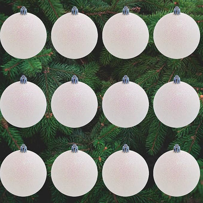 4E's Novelty White Snowball Christmas Ornaments Set of 12 - Large 3.15" Iridescent Shatterproof Glitter Balls for Christmas Tree, Winter Wonderland Decorations