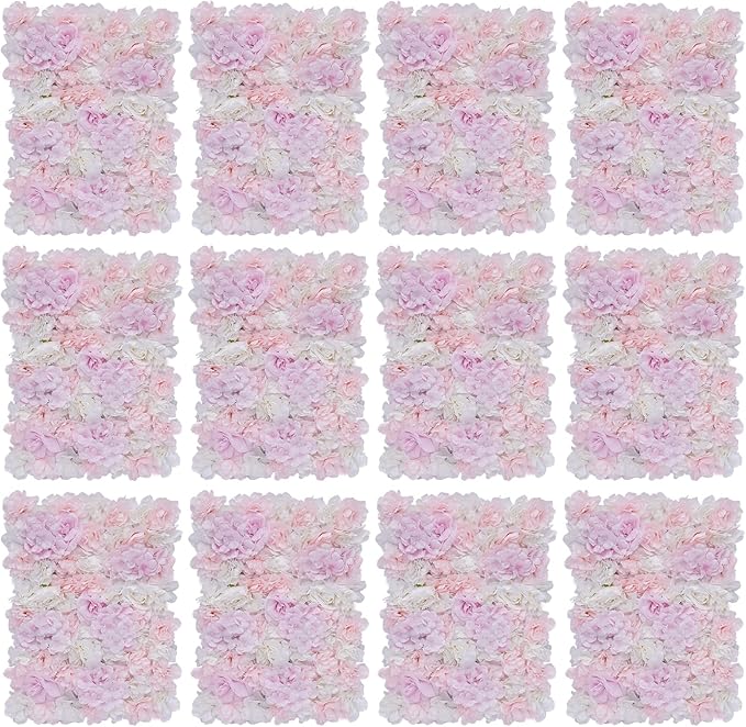 LOYALHEARTDY Artificial Flower Wall Panels 12 Pack of 16 x 24" Flower Wall Mat Faux Rose Flower Backdrop Panels for Backdrop Wedding Wall Decorations Light Pink