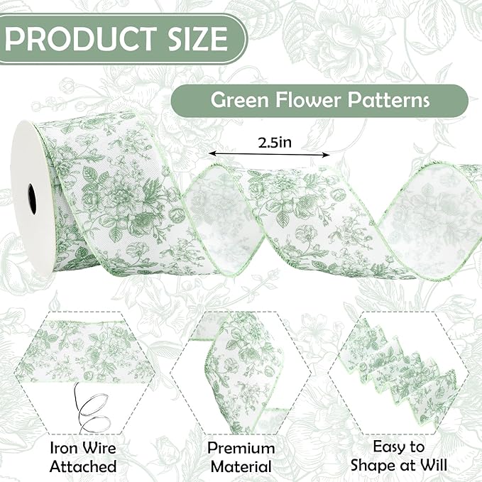 Floral Wired Edge Ribbon Roll Green Flower Ribbon Chinoiserie Fabric Ribbon for Wreath Bow Making DIY Crafts Gift Wrapping, 12 Yard