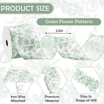 Floral Wired Edge Ribbon Roll Green Flower Ribbon Chinoiserie Fabric Ribbon for Wreath Bow Making DIY Crafts Gift Wrapping, 12 Yard