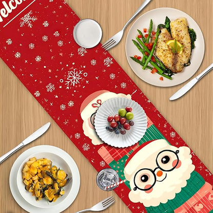Christmas Table Runner – Red Holiday Table Decoration with Cute Santa Claus & Gifts Design, Festive Dining Table Decor for Christmas Party, Family Dinner, Kitchen & Living Room