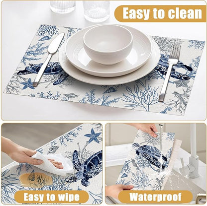 Watercolor Turtle Placemats Set of 6, Nautical Coastal Coral Shell Linen Place Mat Washable Stain Resistant Table Mats for Farmhouse Kitchen Decor 12x18 Inch