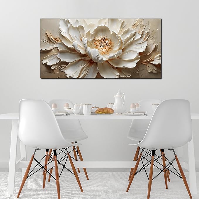 Flower Painting Wall Decor White Canvas Wall Art for Office Women,Teen Room Decor for Girls,Dining Room Art Wall Decor 24 x 48 Inch