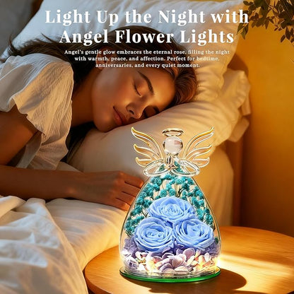 Beferr Christmas Birthday Gifts for Women, Mom Gifts for Christmas Fresh Flowers for Delivery Prime Forever Preserved Rose in Glass Angel Figurine Xmas Gifts for Grandma Wife Sister Her, Light Blue