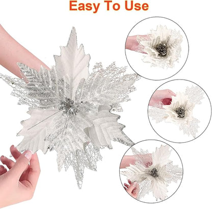 10'' Large Christmas Glitter Poinsettia Flowers Decorations, stadeco 10 Pcs Christmas Tree Picks Ornaments Artificial Flowers with Long Stems for Xmas Tree Wreath Garland Wedding Party DIY Decor