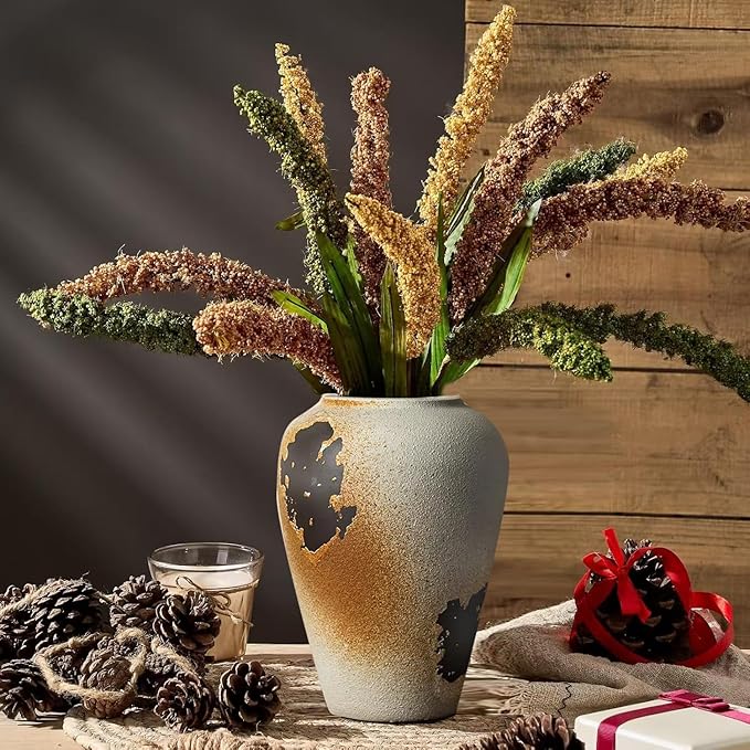 11" Large Handcrafted Ceramic Vase - Vintage Rustic Iron Glaze Pattern Farmhouse Flower Vase for Home Decor, Decorative Vase for Living Room Dining Table Fireplace Bookshelf Office