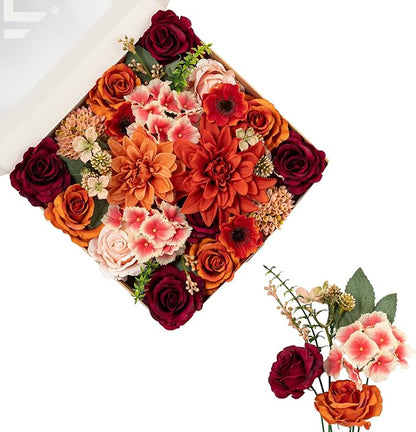FANKO Artificial Flowers Red Rose, Mixed Fake Silk Flowers Combo Gradient Orange & Champagne Rose Burnt Orange Dahlia Chrysanthemum Vintage for DIY Wedding Bridal Bouquets, Home Decor