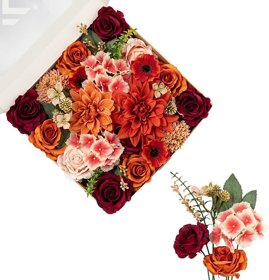 FANKO Artificial Flowers Red Rose, Mixed Fake Silk Flowers Combo Gradient Orange & Champagne Rose Burnt Orange Dahlia Chrysanthemum Vintage for DIY Wedding Bridal Bouquets, Home Decor