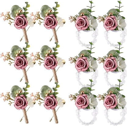 12 Pcs Wedding Wrist Corsage and Boutonniere Set Rose Wrist Corsage for Prom Boutonniere for Men Wedding Flowers Accessories Prom Suit Decorations for Wedding Ceremony Anniversary (Dusty Rose)