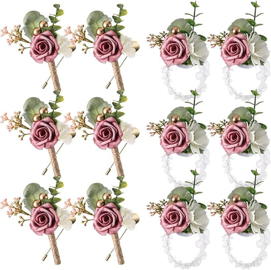 12 Pcs Wedding Wrist Corsage and Boutonniere Set Rose Wrist Corsage for Prom Boutonniere for Men Wedding Flowers Accessories Prom Suit Decorations for Wedding Ceremony Anniversary (Dusty Rose)