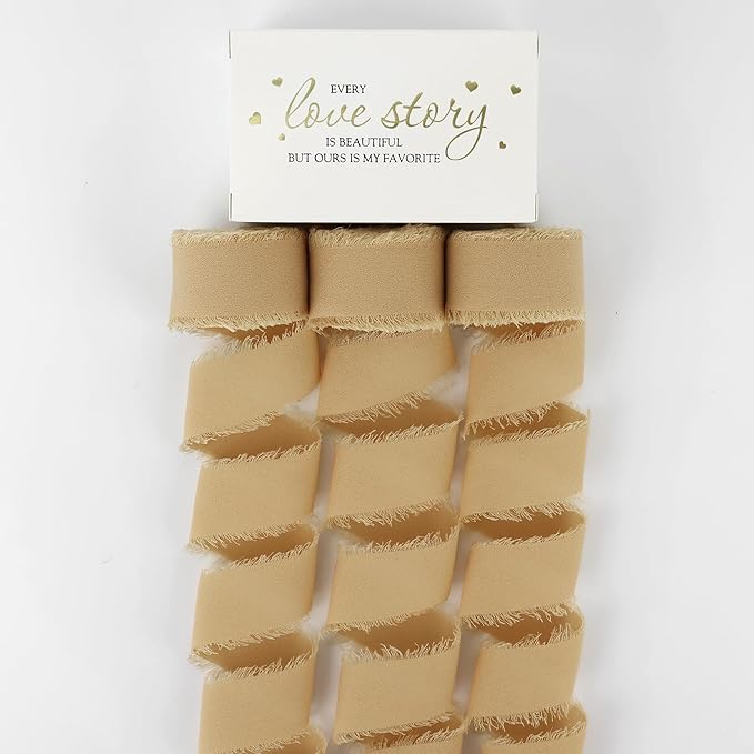 MEEDEE Beige Chiffon Ribbon 1 Inch Fringe Ribbons Cream Chiffon Silk Frayed Edge Ribbon Thin Chiffon Ribbons for Crafts, Gift Wrapping, Wedding Invitation (3 Rolls 21 Yards)