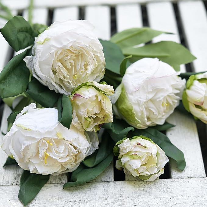 FiveSeasonStuff Vintage White Peonies – Realistic Artificial Silk Flowers with Dry-Look Petals, 6 Stems for Rustic Home & Wedding Bridesmaids Bouquet Bridal Showers