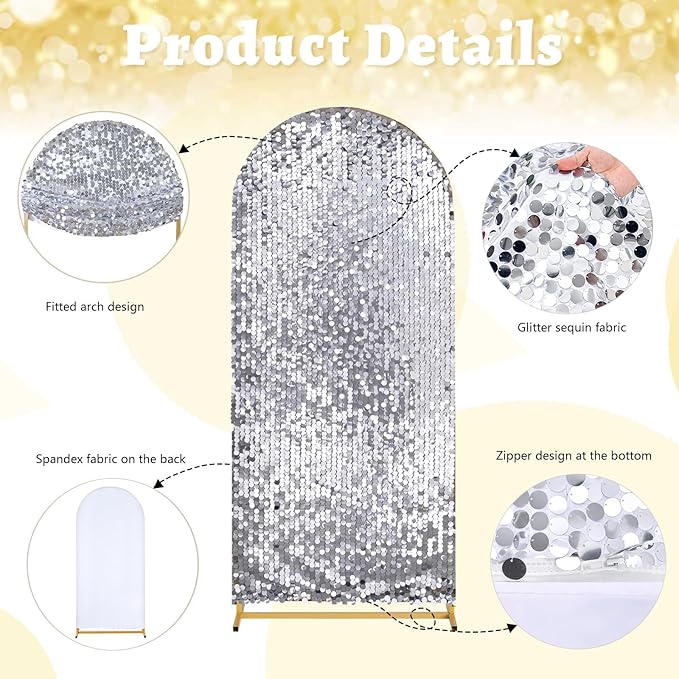 Fanqisi Big Payette Sequin Arch Covers: 7.2FT Arch Backdrop Cover Silver Shimmer Fabric Cover for Party Baby Shower Decorations