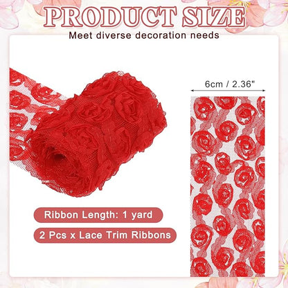 uxcell 2PCS Lace Trim Ribbon, 2.36 inch - 1 Yard 3D Rose Floral Embroidery Ribbons Edge Trimming for Sewing, Wedding Dress, DIY Crafts, Decoration Accessories, Light Red