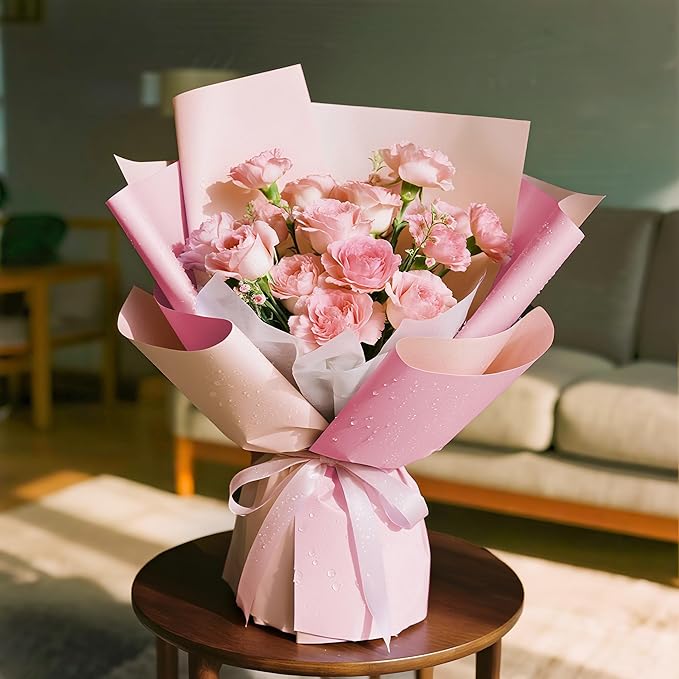 WRAPAHOLIC 20 Sheets Flower Wrapping Paper - 22.4 x 22.4 inch Light Pink Color Water-Resistant Floral Bouquet Wrapping Paper, Florist Supplies Packaging for Wedding Birthday Gift DIY
