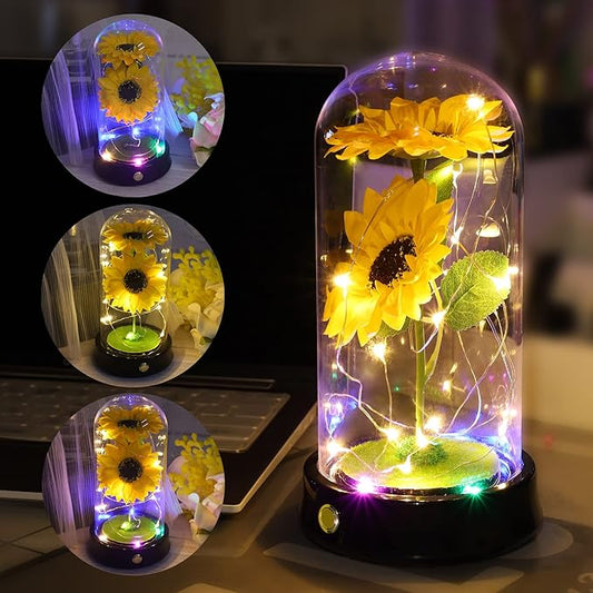 QUELIEN Christmas Sunflowers Gifts for Women,Preserved Sunflower Bouquet in Glass Dome,Girasoles para Regalo,Forever Sunflower Home Decor,Mom Birthday Gift