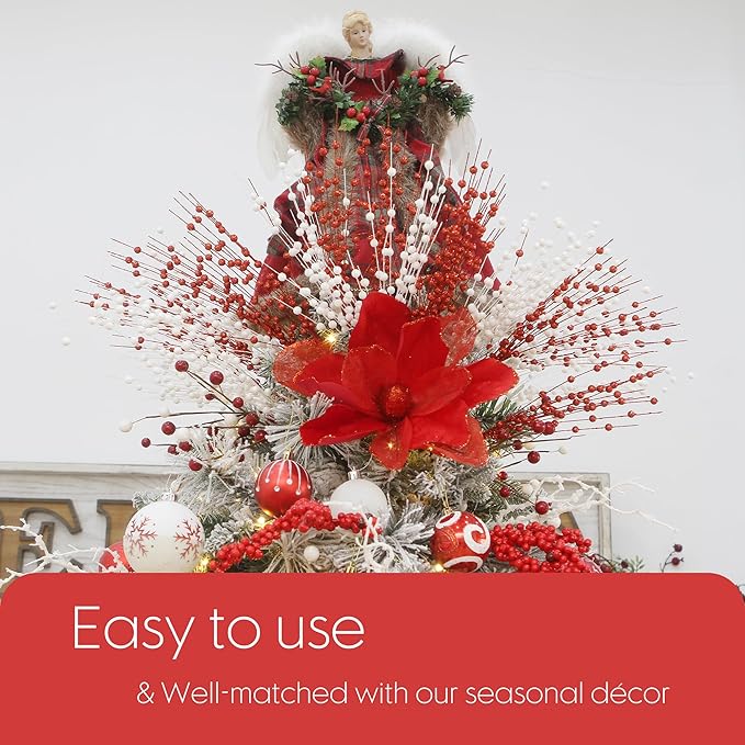 Sea Team 24-Pack Artificial Glitter Berry Stem Ornaments, Decorative Bead Sticks, Glittery Twigs, Picks, Branches for Christmas Tree, Small Vase, Holiday, Wedding, Party (17 Inches, Red)