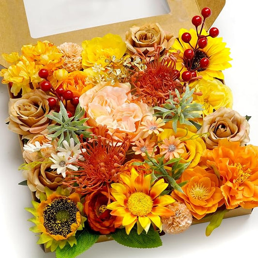 Artificial Flower Combination Box Set Artificial Flower Loose Leaves and Stems DIY Wedding Center Bouquet Bride Wedding Baby Shower(Orange Yellow)