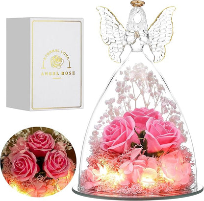 Mothers Day Mom Gifts for Women Preserved Flowers in Glass Angel Forever Flowers Gifts Eternal Roses Gifts for Grandma - Pink
