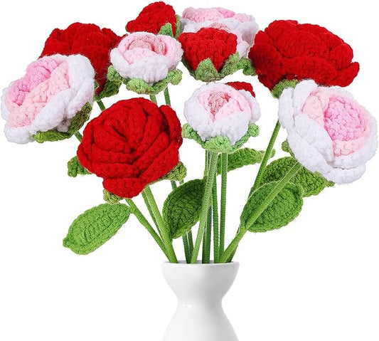YoungJoy 12 Pcs Crochet Rose Handmade Knitted Flowers Tulip Sunflower Daisy Heart Artificial Knitted Floral Mother Day Graduation Home Decor(Mixed Red Pink Rose)