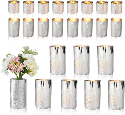 CHILL RECIPE Silver Cylinder Vases Glass Candle Holders Bulk, Mercury Hurricane Candle Holder Small Flower Vases for Centerpieces Tea Light Pillar Votive Candles Wedding Decor Party (8 Set 24Pcs)