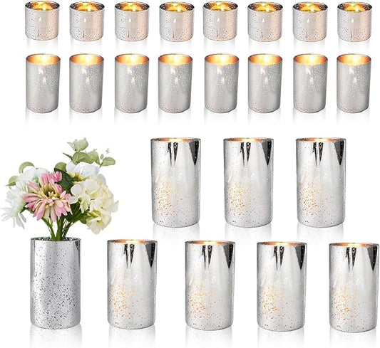 CHILL RECIPE Silver Cylinder Vases Glass Candle Holders Bulk, Mercury Hurricane Candle Holder Small Flower Vases for Centerpieces Tea Light Pillar Votive Candles Wedding Decor Party (8 Set 24Pcs)