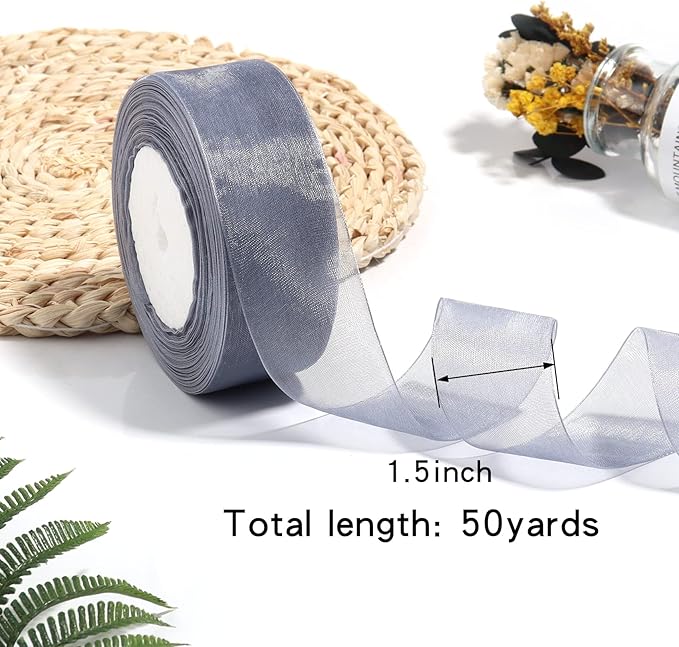 1.5 inch Sheer Organza Ribbon Silver Chiffon Ribbon for Gift Wrapping Christmas Halloween Decoration Wedding Bouquet Crafts 50 Yards