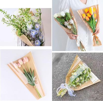 llqjjhh 50Pcs Flower Bags for Bouquets,Kraft Wrapping Bags,Floral Sleeves Wrapping Paper,9.8x18 Inch with Ribbons，for Home,Mother’s Day,Wedding,Birthday,Graduation,Flower Bar Supplies（Brown）