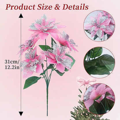 4 Pcs Artificial Poinsettia Flowers Christmas Flowers Ornaments Glitter Faux Flowers 5 Stem Poinsettia Floral with Stem Leaf for Home Party Christmas DIY Craft Holiday Decor（Pink）