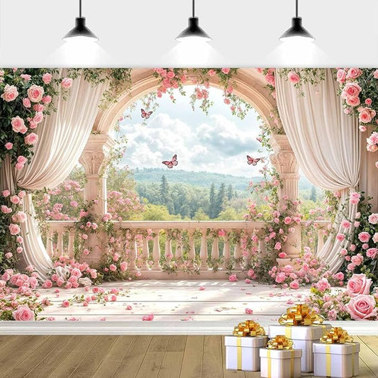 15X10ft Pink Floral Photography Backdrop, Retro Flowers Photography Backdrop Dreamlike Wedding Portrait Photo Background Wedding Birthday Party Background Banner Decor, Pink-1