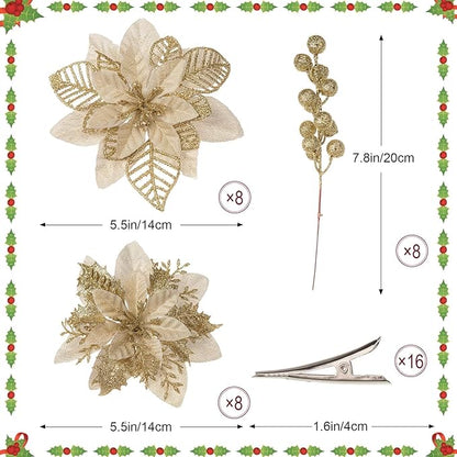 24 Pcs Gold Boxed Christmas Poinsettia Flowers Set, 16 Pcs Artificial Poinsettias with Clips, 8 pcs Glitter Christmas Tree Ornaments Berry Stems for Wedding Home Holiday Xmas New Year Decorations