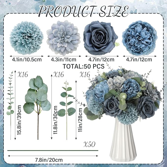 98 Pcs Assorted Faux Flowers Heads with Stem Eucalyptus Leaves Silk Artificial Flowers Bouquet Floral Table Centerpieces for DIY Wedding Party Wreath Home Decoration(Gray Blue,Vivid Style)