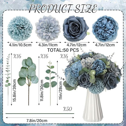 98 Pcs Assorted Faux Flowers Heads with Stem Eucalyptus Leaves Silk Artificial Flowers Bouquet Floral Table Centerpieces for DIY Wedding Party Wreath Home Decoration(Gray Blue,Vivid Style)