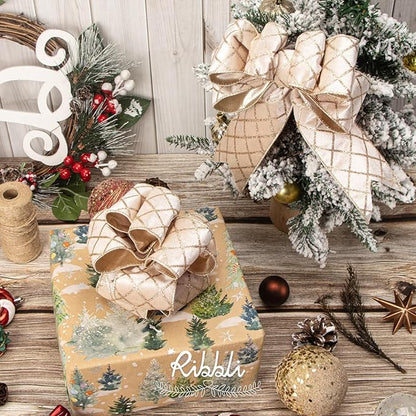 Ribbli Light Champagne Velvet Ribbon Wired with Glitter Diamond Grid 2-1/2 Inch Christmas Ribbon for Christmas Tree Decoration Big Bow Gift Wrapping Crafts Wreaths Garland Supplies - 10 Yards