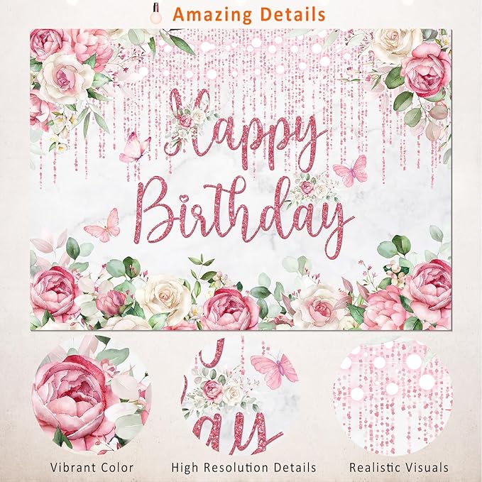 Rose Gold Floral Birthday Backdrop Decorations for Women,Glitters Blush Pink Flower Happy Birthday Backdrops Banner Photography Background for Women Girls Bday Party Photo Booth Supplies 7x5ft