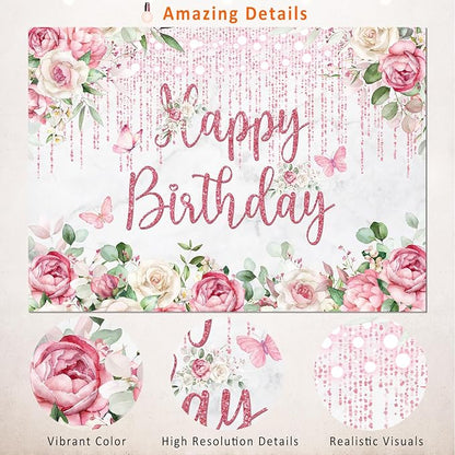 Rose Gold Birthday Backdrop - Floral Decorations, Glitter Blush Pink Flower Happy Birthday Banner for Women Girls Bday Party - Photography Background Photo Booth Supplies 10x7ft