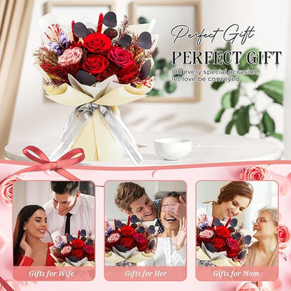 Preserved Flowers Bouquet Roses with Vases,Real Birthday Flowers for Delivery Prime,Forever Glitter Rose Bouquets Kit,Handmade Eternal Rosas Butterfly Gifts for Mom Birthday Women Girl (Red)