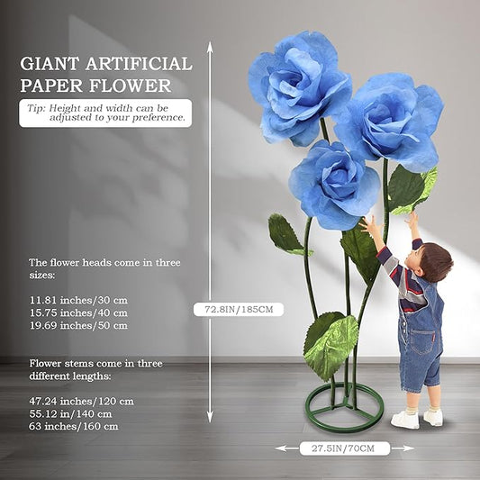 3pc Wedding Decorations for Reception, Giant Flowers for Decoration,Standing Huge Paper Flower, for Outdoor Garden Party Ceremony Reception Photography Props (Blue)