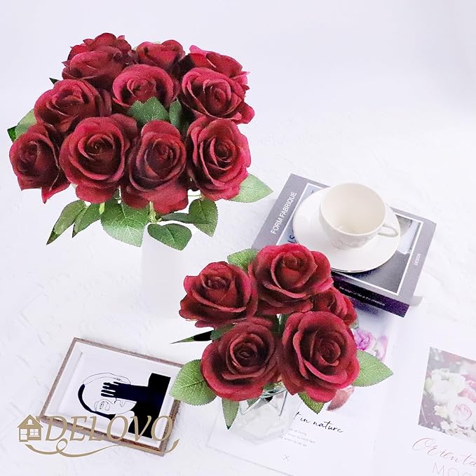 DELOVO 52pcs Burgundy roses artificial flowers Fake Flowers silk roses with Stems for DIY Wedding Bouquets Bridal Shower Centerpieces Arrangements Party Decorations