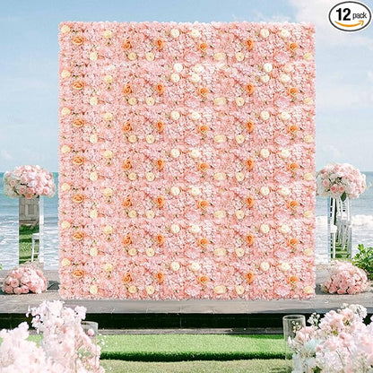 FOTSHARER Pink Artificial Flower Wall 15''x15'' Floral Wall Panels 12 PCS Wedding Flower Panels for Backdrop Floral Wall Set for Parties
