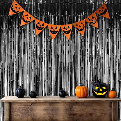 Foil Fringe Curtain Halloweens Party Decorations - Pure Black Tinsel Photo Backdrop Party Steamers Curtains for Christmas/New Years/Boy/Men/Birthdays/Music/Stranger Theme/Prom/Retirement Parties
