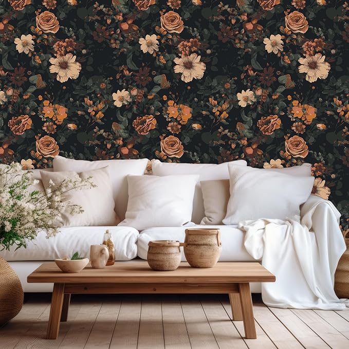 VEELIKE Vintage Floral Wallpaper Prepasted Moody Dark Floral Peel and Stick Wallpaper for Bedroom Powder Room 17.7''x354'' Removable Renter Friendly Wall Paper Flower Contact Paper for Cabinets Walls